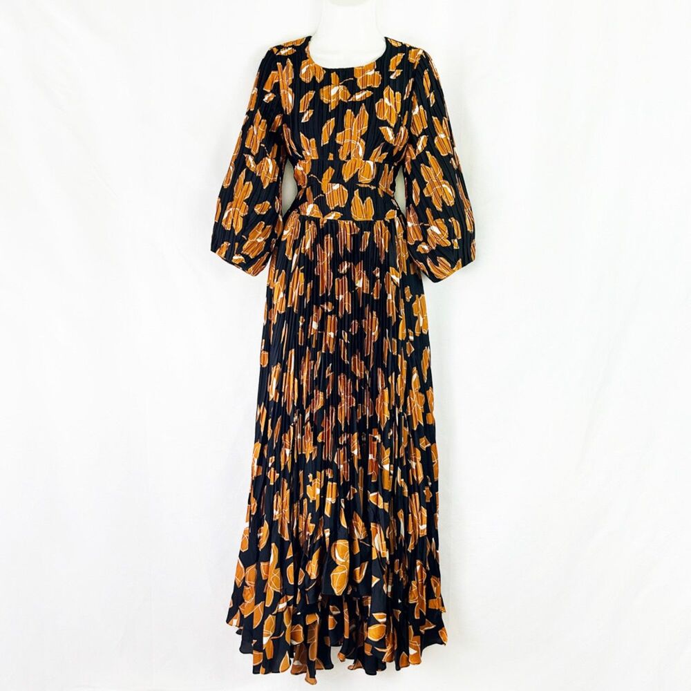 SIMKHAI Black & Gold Floral Ames Midi Dress (8) Pleated Plissé-Satin - Picture 3 of 16